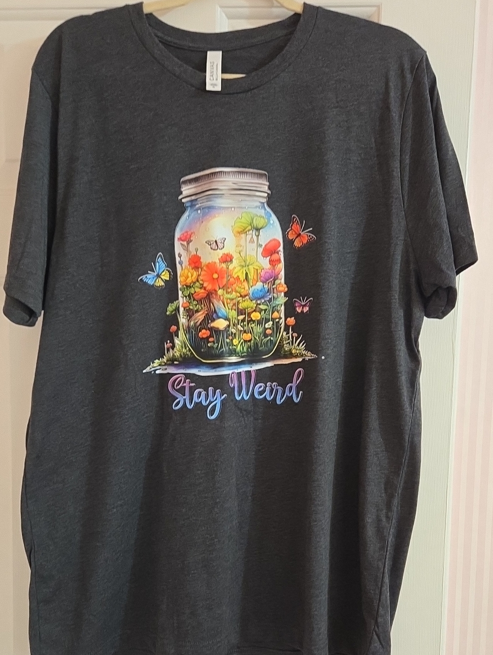 Bella Canvas Dark Gray Tee with Colorful Mason Jar Floral Print XL NWOT